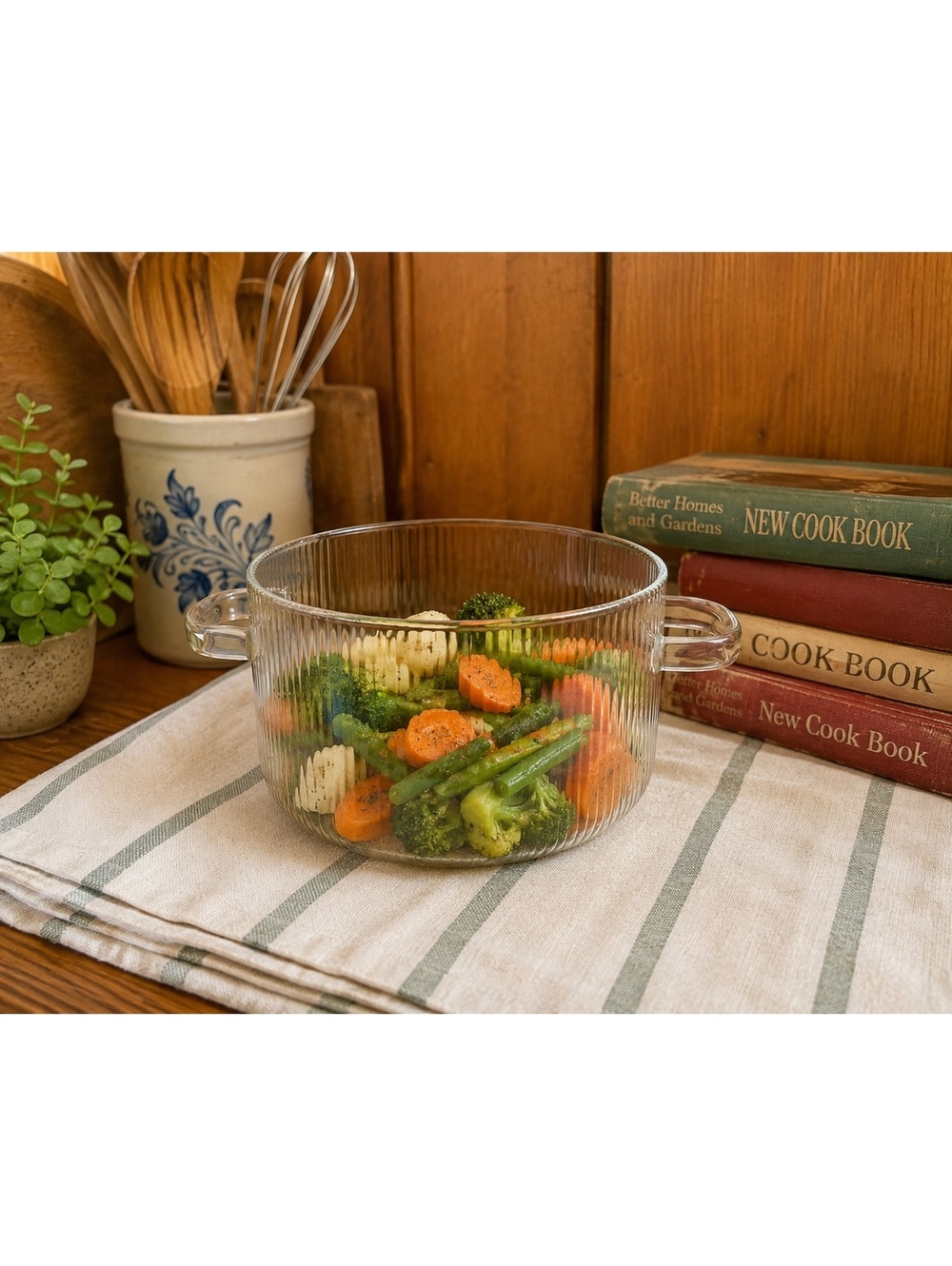 Vintage Clear Ribbed Glass Pot With Double Handles 6.5 Inch Serving Bowl